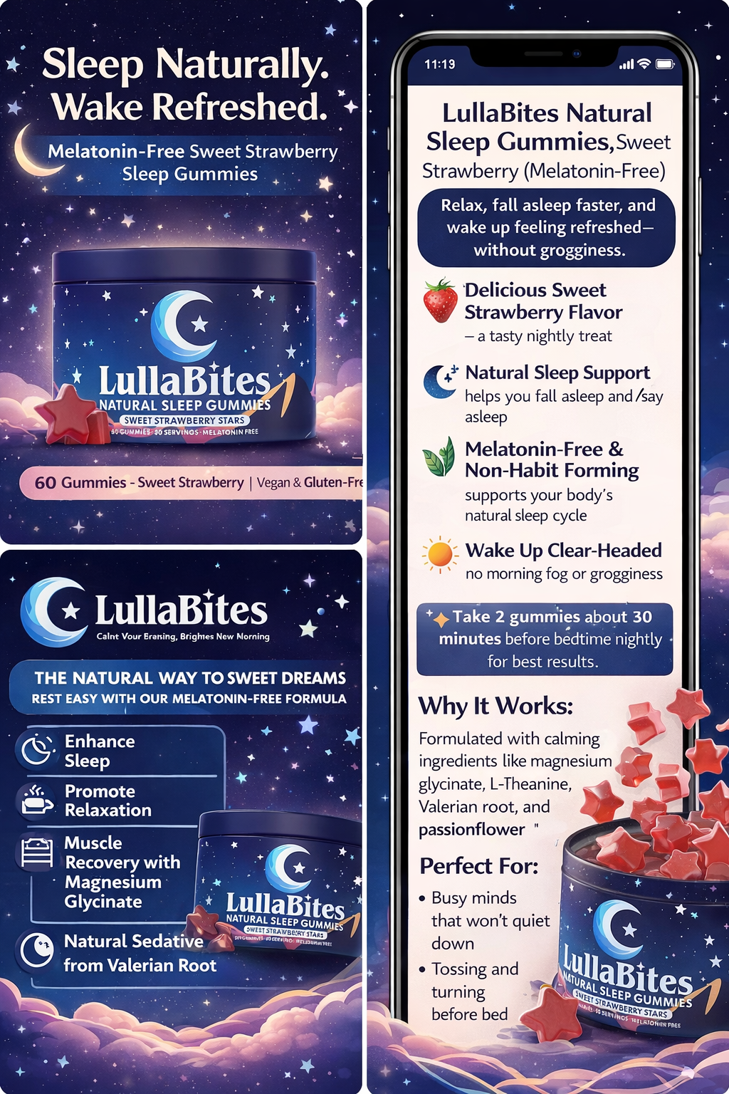 LullaBites Natural Sleep Gummies | Halal, Kosher & Vegan | Melatonin-Free Strawberry | 60 Gummies