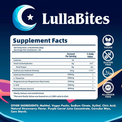 LullaBites Natural Sleep Gummies | Halal, Kosher & Vegan | Melatonin-Free Strawberry | 60 Gummies
