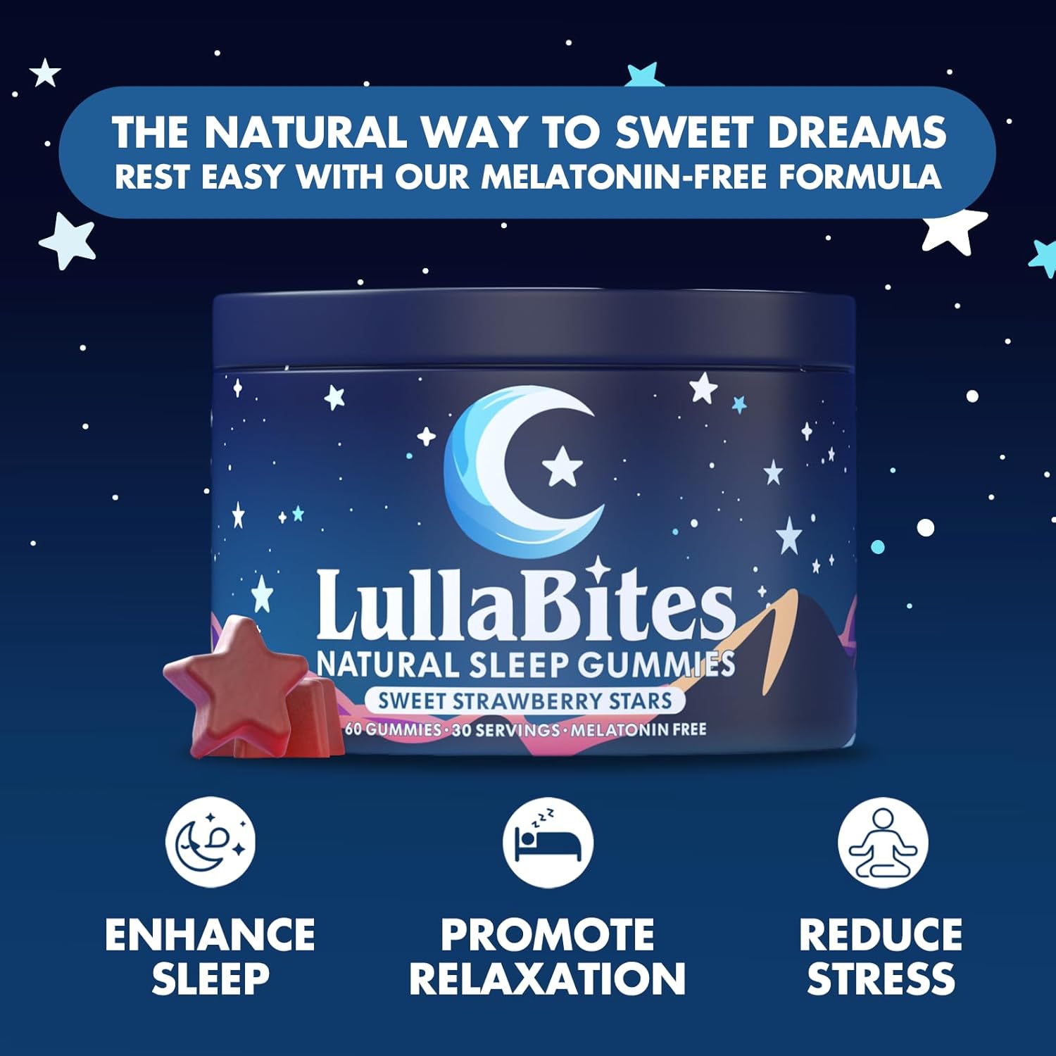 LullaBites Natural Sleep Gummies | Halal, Kosher & Vegan | Melatonin-Free Strawberry | 60 Gummies